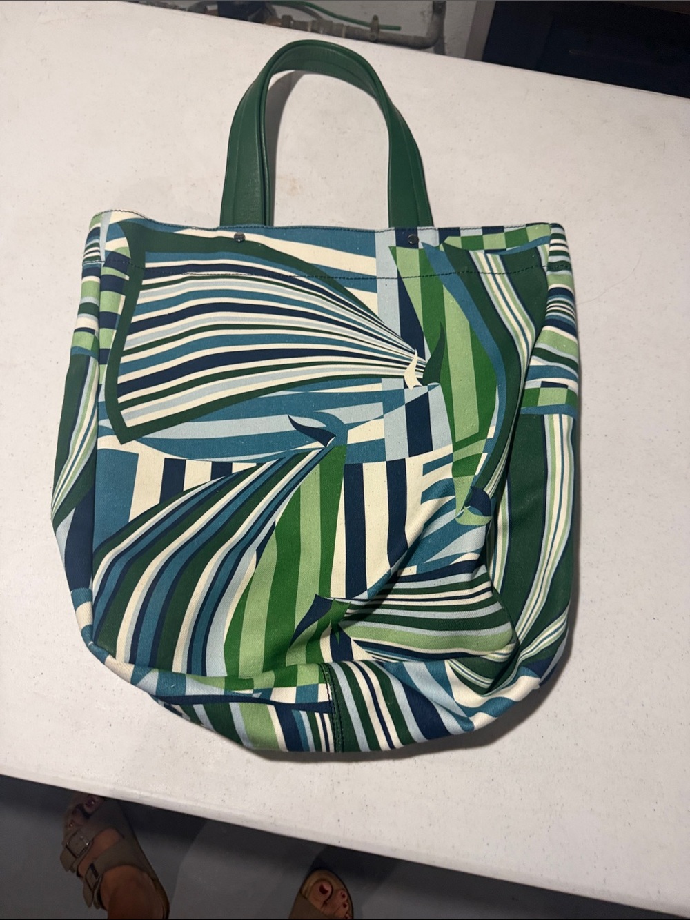 Salvatore Ferragamo Green & Blue Striped Canvas Tote
